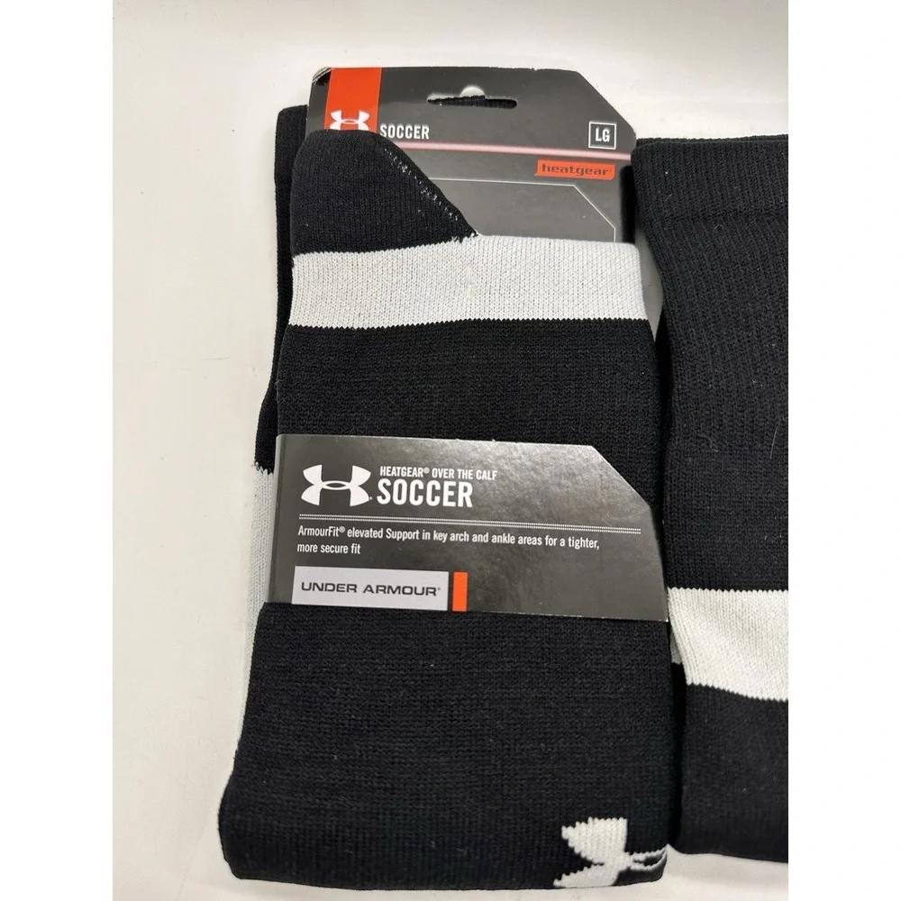 Lot 2 Under Armour HeatGear Soccer‎ Socks LG Mens 9-12.5 Black White NWT